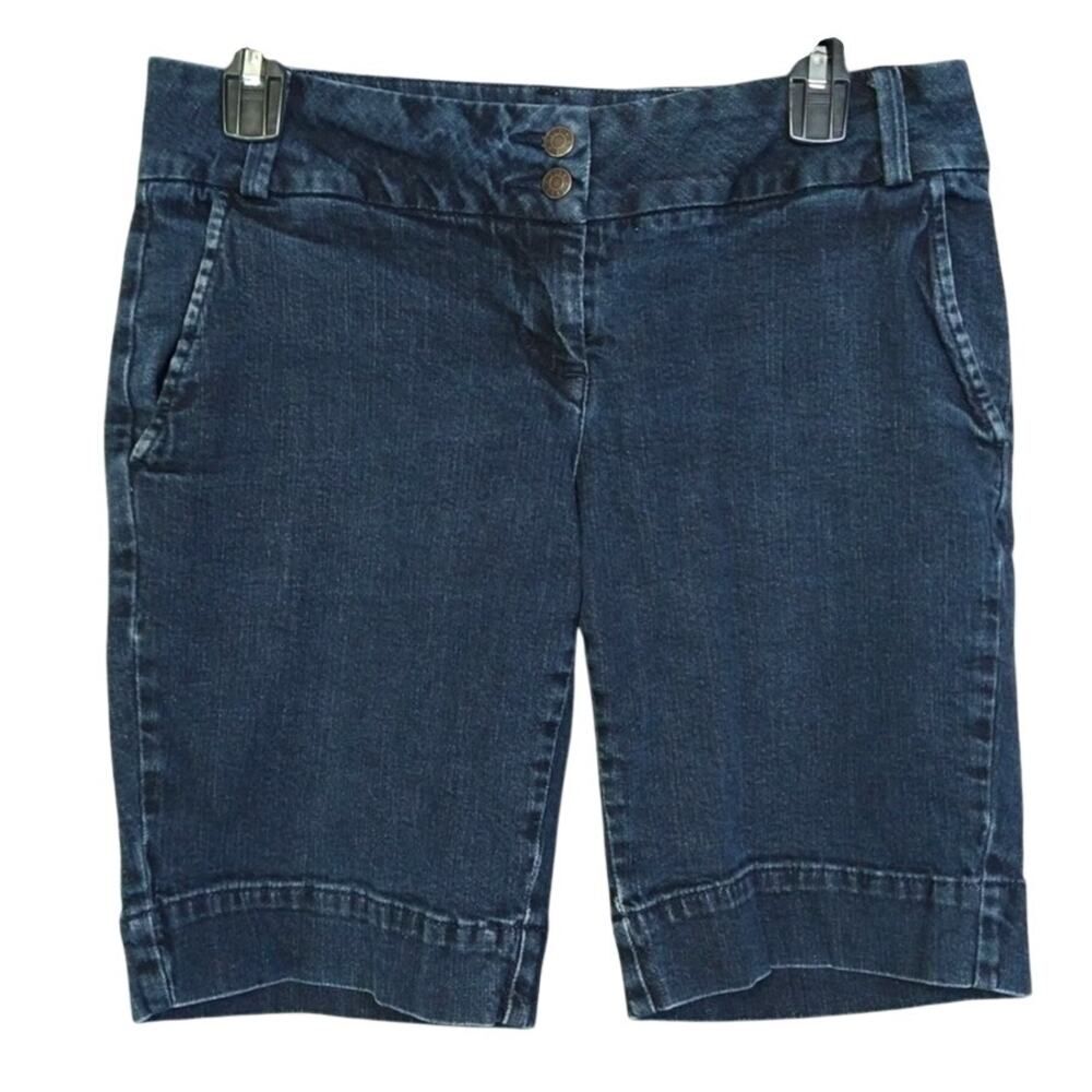 Elle Denim Bermuda Shorts Flap Pockets Mid-Rise Stretch Blue Jean 8